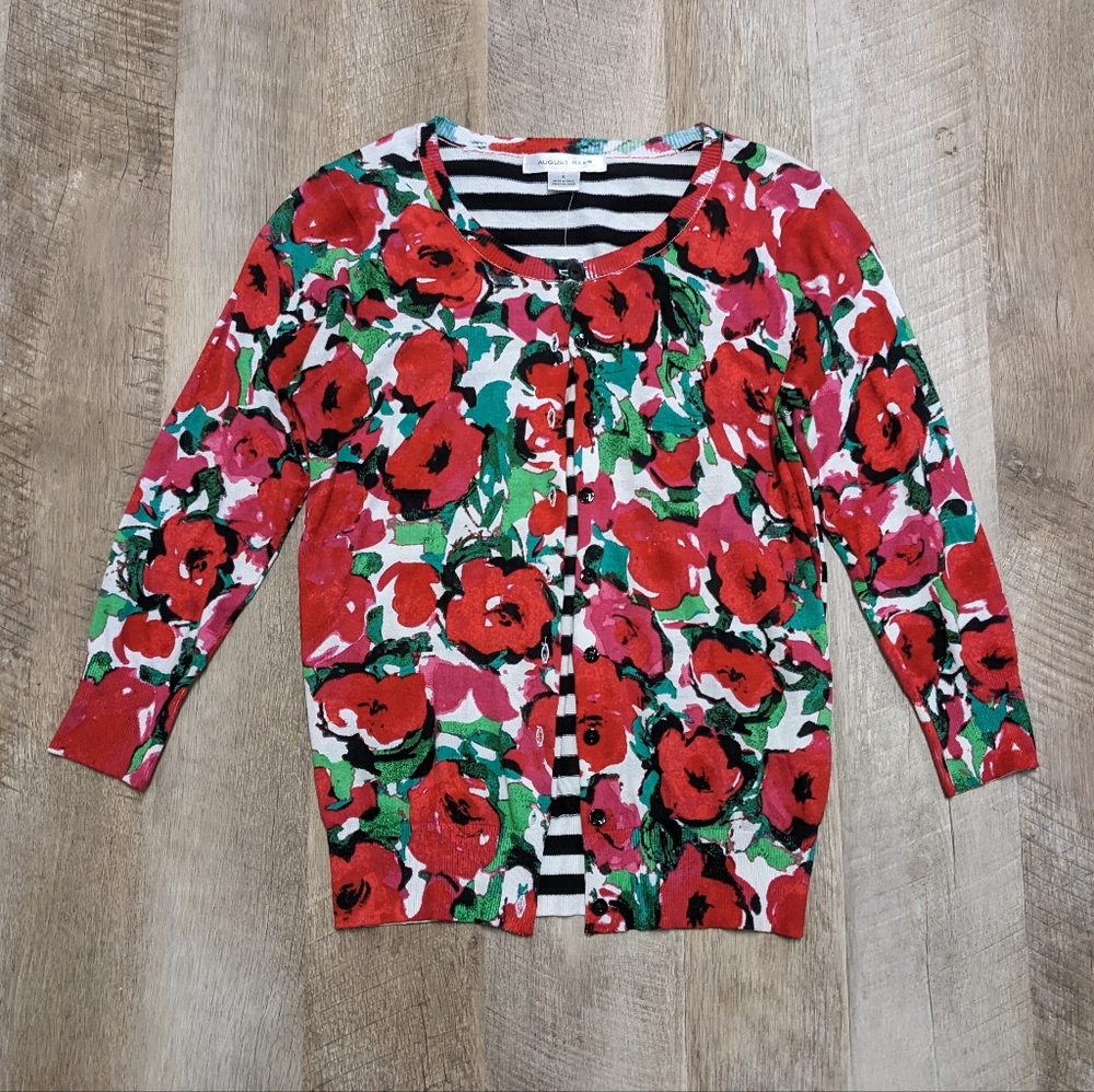 August Silk Red Roses Lightweight Cardigan Sweater